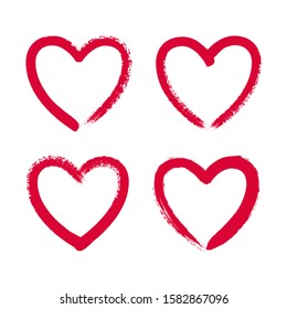 Hand drawn red heart frame. Hand painted ink brush strokes. Vector grunge hearts set.