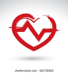 Hand drawn red heart icon, brush drawing heart sign with electrocardiogram, original hand-painted heart symbol with ekg isolated on white background.