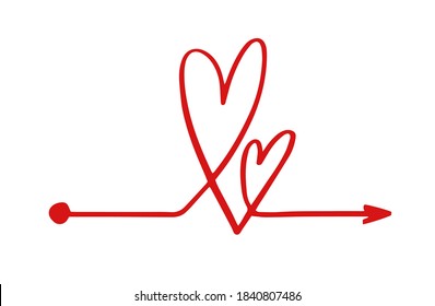 Hand drawn red heart line arrow clew chaos ball complicated on white background. Vector simple lovevalentine mind abstract icon illustration. Love process concept.