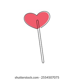 Hand drawn red heart lollipop. Sweets candies line continuous drawing. Vector illustration. Linear icon. Minimal print, banner, card, wall art poster, brochure, logo, cartoon sign, doodle, symbol