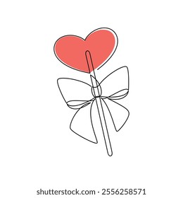 Hand drawn red heart lollipop with ribbon bow. Sweets candies line continuous drawing. Vector illustration. Linear icon. Minimal print, banner, card, logo, cartoon sign, doodle, love symbol