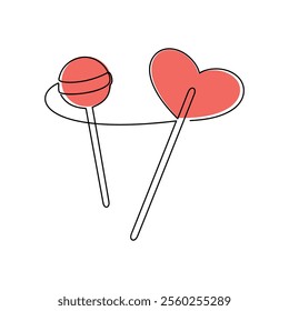 Hand drawn red heart lollipop. Sweets candies line continuous drawing. Vector illustration. Linear icon. Minimal print, banner, card, wall art poster, brochure, logo, cartoon sign, doodle, symbol