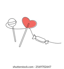 Hand drawn red heart lollipop. Sweets candies line continuous drawing. Vector illustration. Linear icon. Minimal print, banner, card, wall art poster, brochure, logo, cartoon sign, doodle, symbol