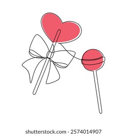 Hand drawn red heart lollipop with ribbon bow. Sweets candies line continuous drawing. Vector illustration. Linear icon. Minimal print, banner, card, logo, cartoon sign, doodle, love symbol