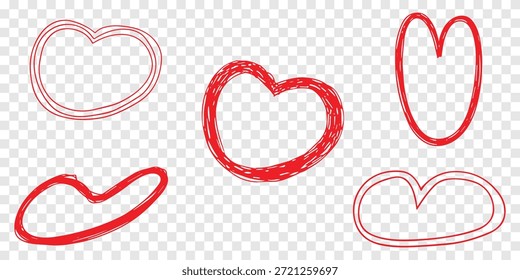 Conjunto de Coleção de Contornos de Coração Vermelho Desenhado à Mão