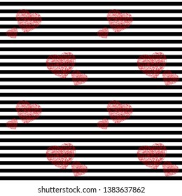 Hand drawn red heart seamless pattern on black and white background for fabric, cloth, textile, print, material or wrapping paper. Striped backdrop vector illustration
