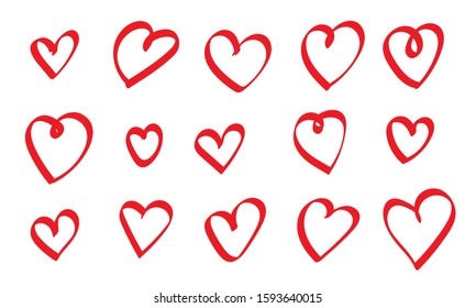 Hand drawn red heart set. Sketched hearts doodle style. Marker line