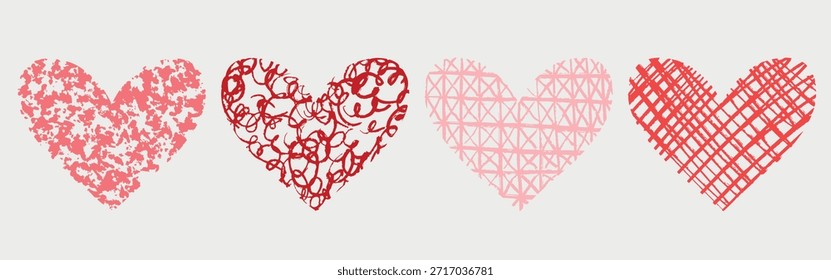 Conjunto de corazón rojo dibujado a mano. Ilustración de boceto de Vector en estilo artístico de carbón de crayón. Cuatro corazones únicos con patrones rosas y rojos, remolinos, rejillas, puntos y líneas texturizadas para el amor, el arte, la decoración