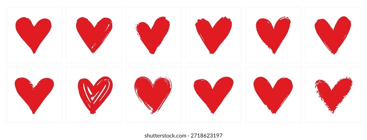 Conjunto de corazón rojo dibujado a mano, Colección de símbolos de amor pintados con pincel áspero