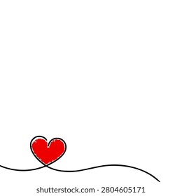 Hand Drawn Red Heart Shape with Curved Line Sketch on White Background Minimalist Illustration