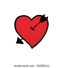 Hand drawn of red heart symbol with arrow logo in isolated white background.  Valentines day and Romantic honeymoon concept. Red heart shape sign theme. illustration vector
