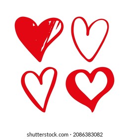 La mano atrajo corazones rojos. Diseñar elementos para el día de San Valentín. Tinta y pincel. Ilustración vectorial. Plano