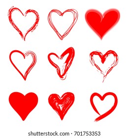 Hand Drawn Red Hearts in Grunge Style Isolated on White Background. Different Shapes & Textures. Vector Illustration