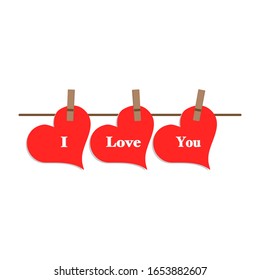 Hand drawn red hearts hanging on wooden cloth pegs, Free space for your writing or advertising. St. Valentine's Day. Greeting card.