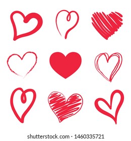 Hand drawn red hearts icons isolated on white background. Valentin's Day symbol. Vector illustration, flat cartoon style