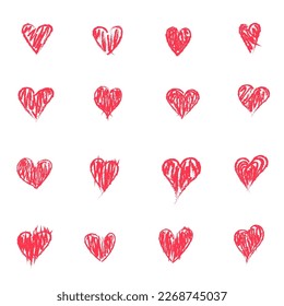 Hand drawn red hearts on a white background. Symbols of love. Doodle style. Design elements for Valentine's Day, Mother's Day, International Women's Day. Vector stock illustration eps 10