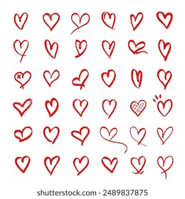 Hand drawn red hearts in outline style. Attractive heart illustrations.