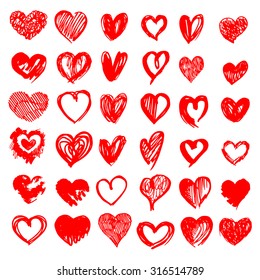 Hand drawn red hearts set. Vector illustration. Card, design elements.