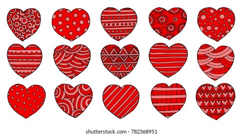 Hand drawn red hearts vector doodle icons for love, Valentines Day and wedding cards. For your design.