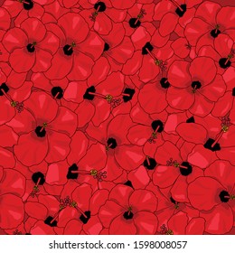 Hand drawn red hibiscus flowers - seamless pattern