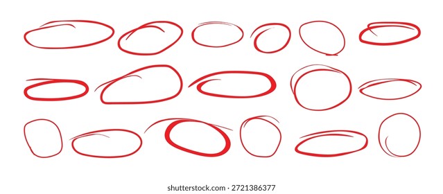  Conjunto De Círculos De Marcadores De Realce Vermelho Desenhados À Mão. Esboço Doodle vermelho Ovals Collection .Ênfase vermelho Destaque Marcadores. Ilustração do conjunto de estilo de arranhão Grunge .Vetor.