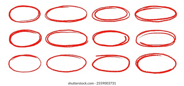 Hand drawn red highlight oval frame shape set. Doodle crayon pencil, marker brush stroke oval underline element pack. Hand drawn pencil stroke sketch marker vector illustration