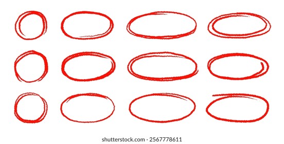 Hand drawn red highlight oval frame shape set. Doodle crayon pencil, marker brush stroke oval underline element pack. Hand drawn pencil stroke sketch marker vector illustration