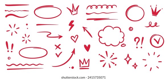 Hand drawn red highlight, text underline, emphasis mark, line shape set. Hand drawn scribble arrow, love heart, speech bubble, crown element. Marker, pen brush stroke. Vector illustration