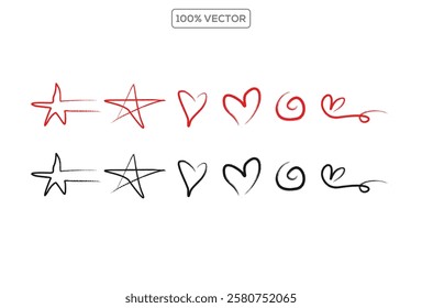 Hand drawn red highlight, text underline, emphasis mark, line shape set. Hand drawn scribble arrow, love heart
