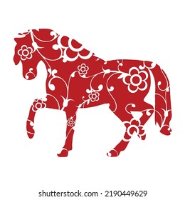 Hand drawn red horse with flowers and leaves ornaments, paper cut art style pattern vector isolated on white background. Chinese lunar new year. Year of the Horse animal zodiac sign.