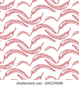 Hand drawn red hot chili peppers seamless pattern. Vector illustration