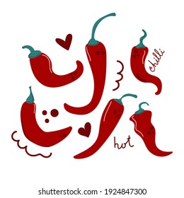 Pimientos picantes rojos de chile rojo dibujados a mano, tierno y moderno ilustración plana.