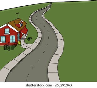 Hand drawn red house on empty road