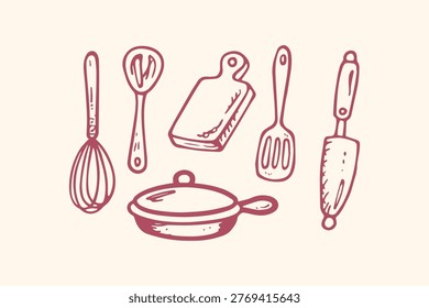 Hand drawn red line art kitchen utensils and cookware on cream background with cutting board kitchen tool cooking tool accessory food preparation appliance equi