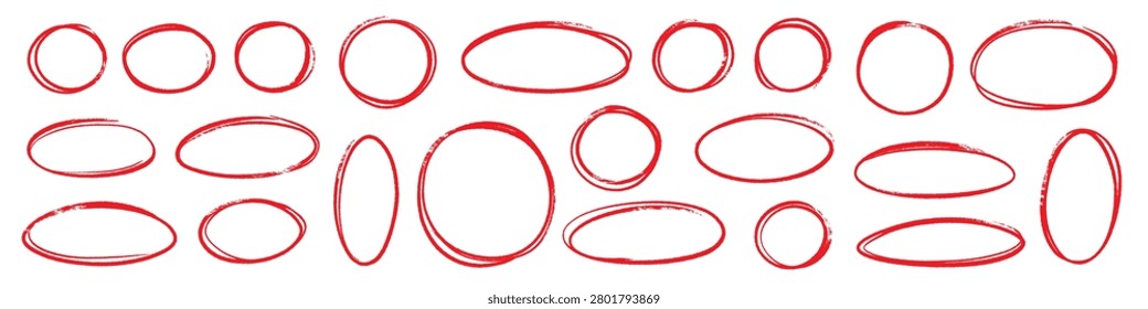 Hand drawn red line brush oval set. Hand drawn line brush pencil oval red color doodle marker chalk pen. Round circle underline frame check sign bubble texture background. Vector illustration