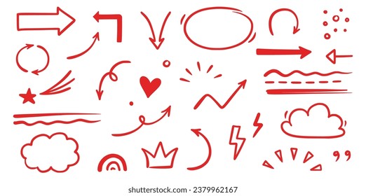 Hand drawn red line star sparkle, emphasis, underline element set. Hand drawn doodle text highlight, underline, arrow red pen stroke style. Scribble text decoration element set. Vector illustration.