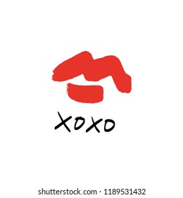 Hand drawn red lips kiss stylish symbol, hugs and kisses hand lettering text. Vector, clip art, isolated details. Editable elements