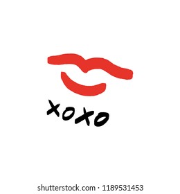 Hand drawn red lips kiss stylish symbol, hugs and kisses hand lettering text. Vector, clip art, isolated details. Editable elements