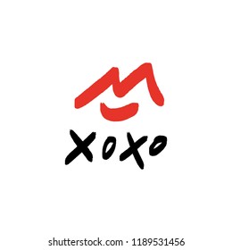 Hand drawn red lips kiss stylish symbol, hugs and kisses hand lettering text. Vector, clip art, isolated details. Editable elements