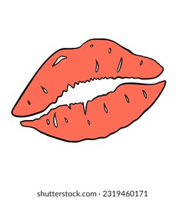 Hand drawn red lips sign fashion design flat vector art illustration. Isolated on white background.