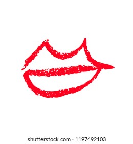 Hand drawn red lips. Sketched fashion symbol. Abstract kiss silhouette, vector, clipart, brush line, logo. Decor element for clothes and label.
