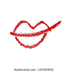 Hand drawn red lips. Sketched fashion symbol. Abstract kiss silhouette, vector, clipart, brush line, logo. Decor element for clothes and label.
