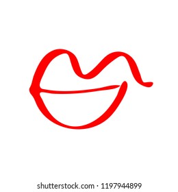 Hand drawn red lips. Sketched fashion symbol. Abstract kiss silhouette, vector, clipart, brush line, logo. Decor element for clothes and label.