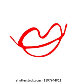 Hand drawn red lips. Sketched fashion symbol. Abstract kiss silhouette, vector, clipart, brush line, logo. Decor element for clothes and label.