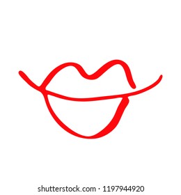 Hand drawn red lips. Sketched fashion symbol. Abstract kiss silhouette, vector, clipart, brush line, logo. Decor element for clothes and label.