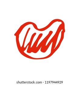 Hand drawn red lips. Sketched fashion symbol. Abstract kiss silhouette, vector, clipart, brush line, logo. Decor element for clothes and label.