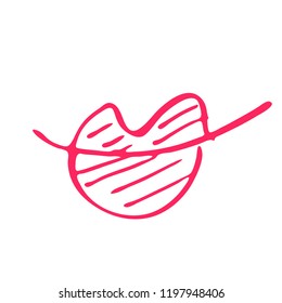 Hand drawn red lips. Sketched fashion symbol. Abstract kiss silhouette, vector, clipart, brush line, logo. Decor element for clothes and label.