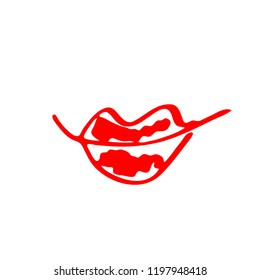 Hand drawn red lips. Sketched fashion symbol. Abstract kiss silhouette, vector, clipart, brush line, logo. Decor element for clothes and label.