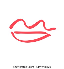 Hand drawn red lips. Sketched fashion symbol. Abstract kiss silhouette, vector, clipart, brush line, logo. Decor element for clothes and label.