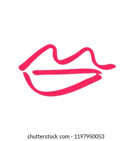 Hand drawn red lips. Sketched fashion symbol. Abstract kiss silhouette, vector, clipart, brush line, logo. Decor element for clothes and label.